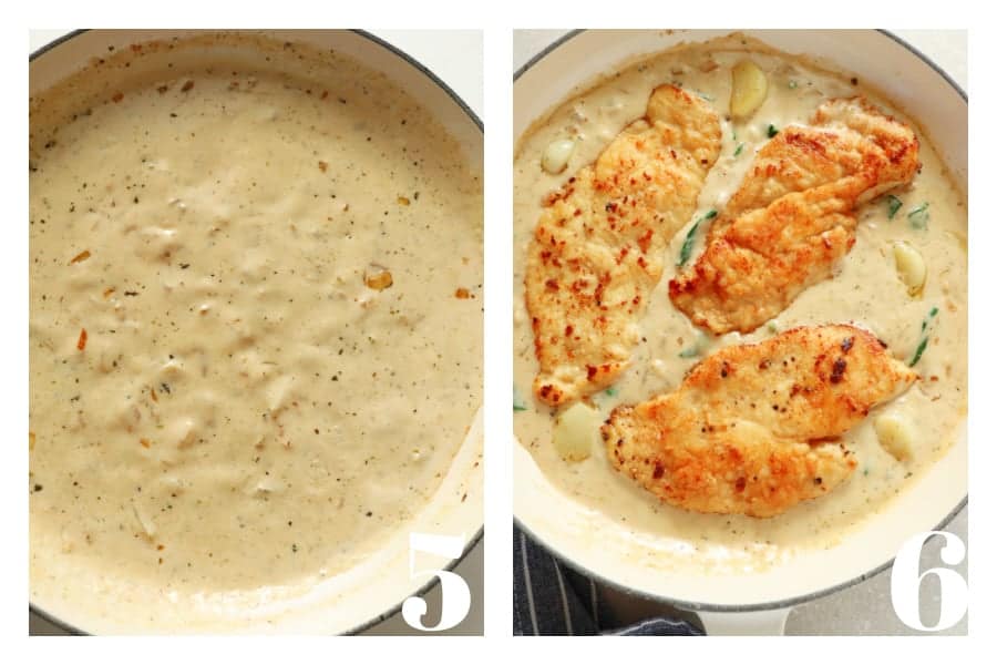 Creamy sauce in a pan and browned chicken in the sauce.