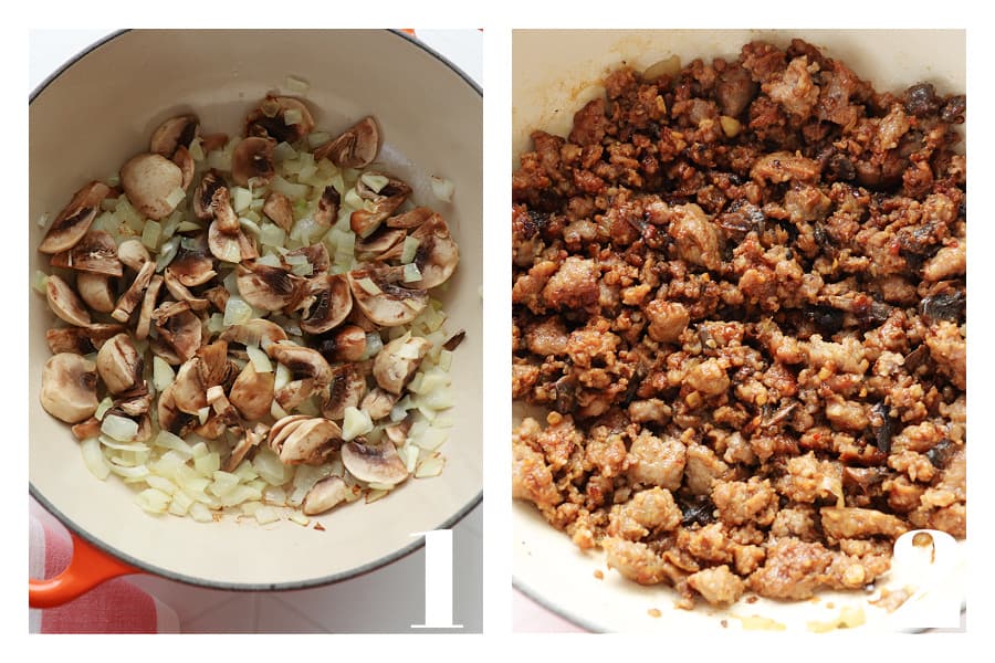 Sauteed mushrooms and onions in a Dutch oven and cooked sausage in a pot.