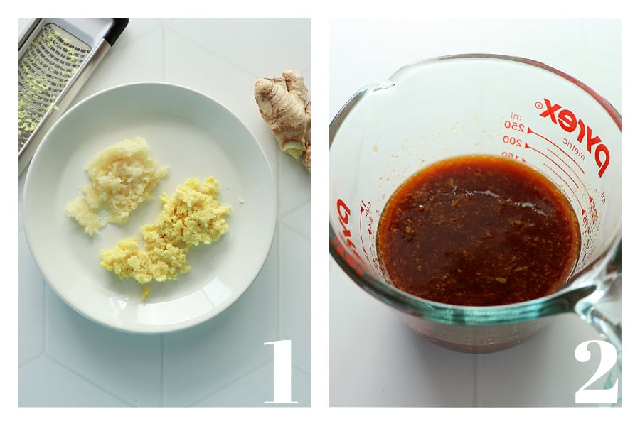 Grated ginger on a plate and soy sauce in a Pyrex glass cup.