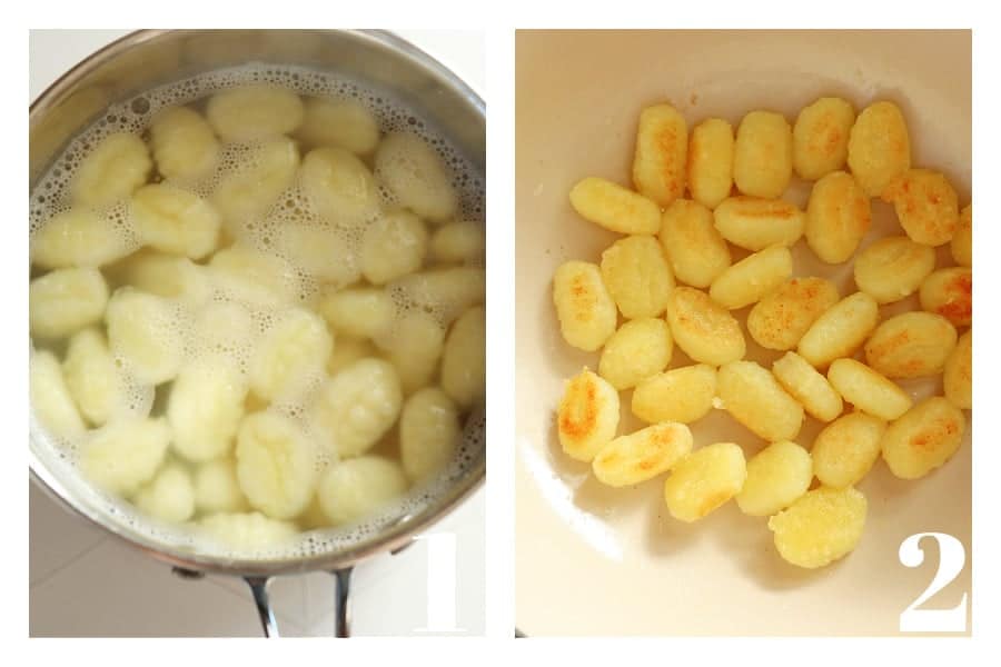 Gnocchi in water in a pot and frying in a pan.