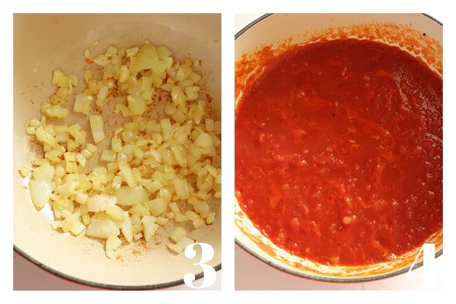 Sauteed onion in a Dutch oven and tomato sauce in the pot.