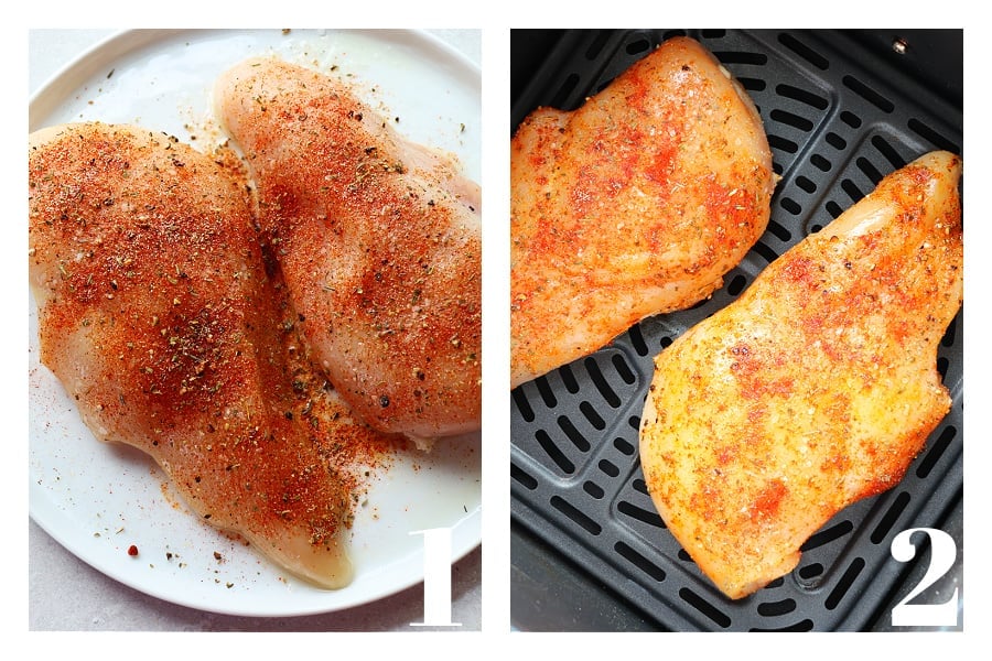 Raw chicken breasts with seasoning on a plate and in the air fryer basket.