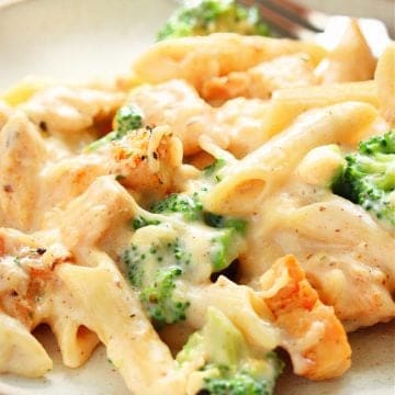 Chicken and broccoli pasta on a plate with fork.