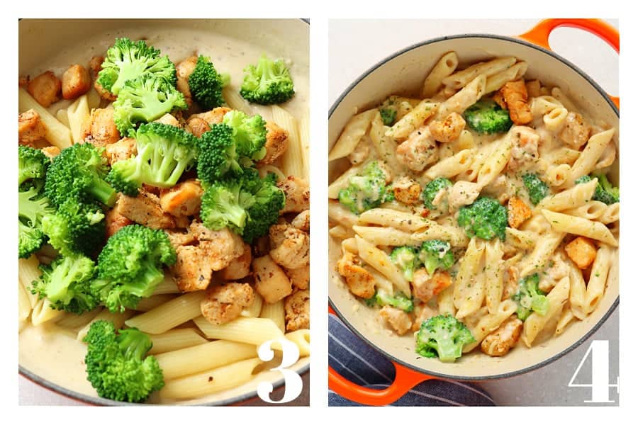 Pasta, chicken and broccoli in a pot and everything mixed together with sauce in a pot.