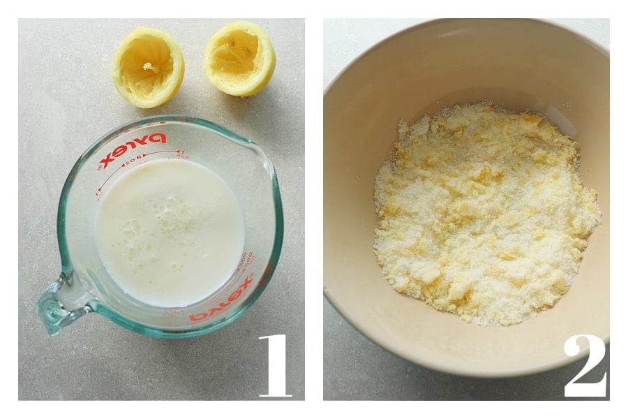 Buttermilk in a glass cup and lemon sugar in a mixing bowl.