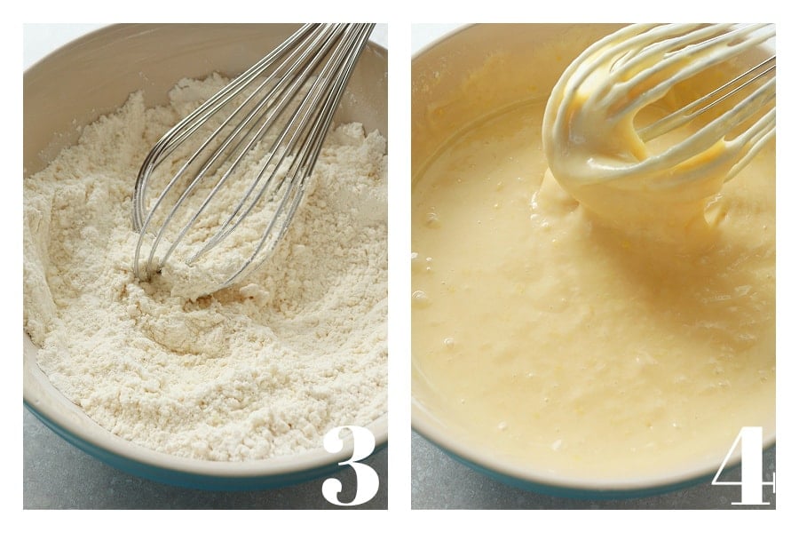 Flour mixture in a mixing bowl and cake batter with whisk in a bowl.