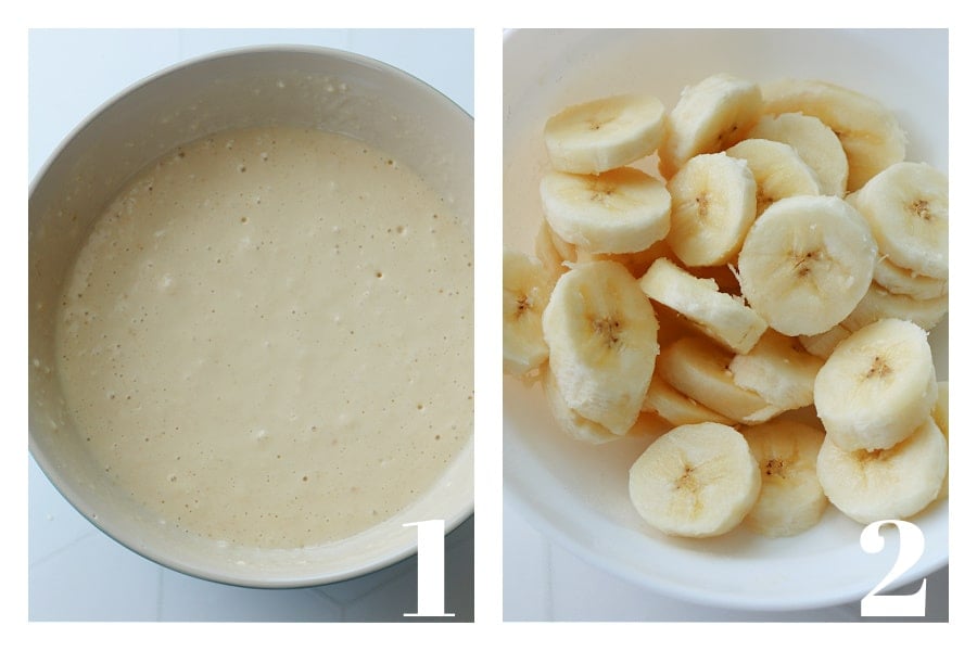 Pancake batter in a bowl and slices of bananas on a plate.