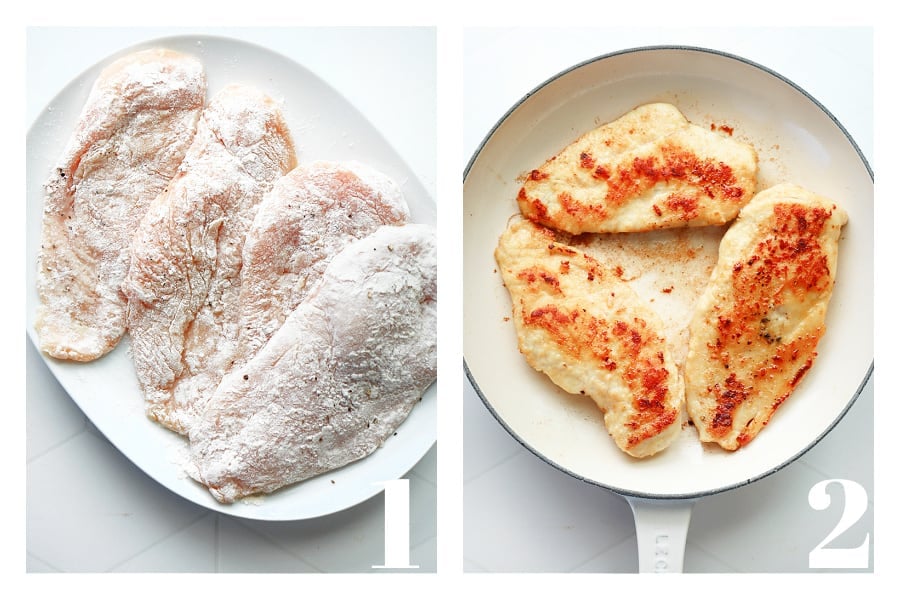 Floured chicken breasts on a white plate and browned chicken in a skillet.