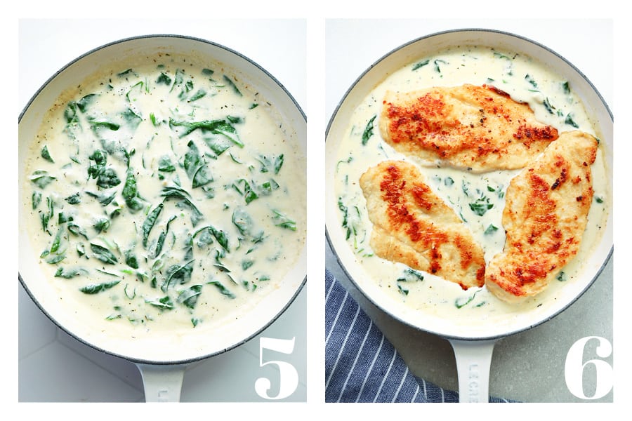 Creamy sauce with spinach in a skillet and three chicken breasts in the spinach sauce in the skillet.