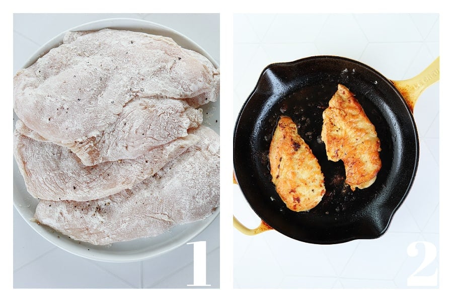 Raw, floured chicken cutlets on a plate and cooked, browned chicken in a cast iron skillet.