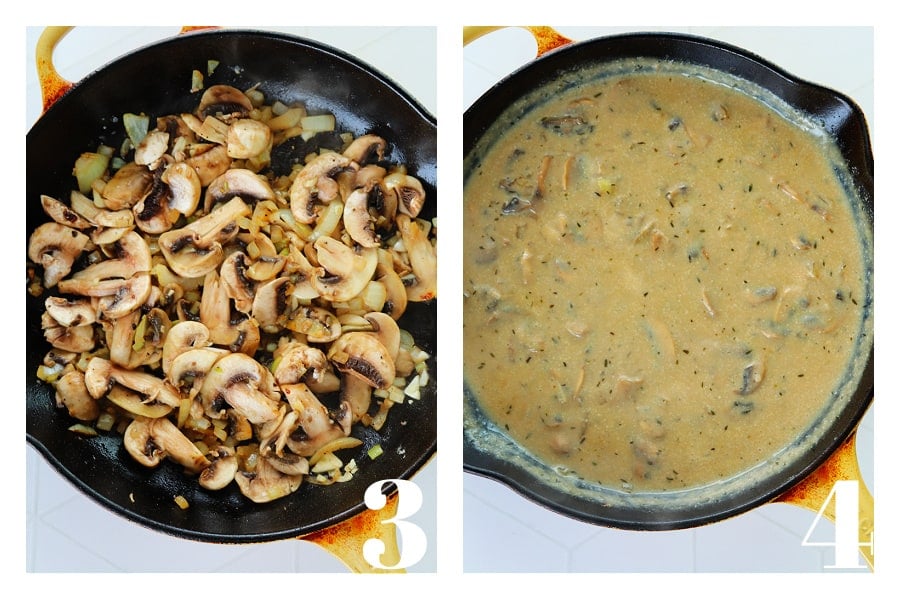 Mushrooms with onion in a skillet and mushroom sauce in a skillet.