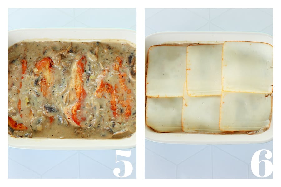 Cooked chicken cutlets and mushroom sauce in a baking dish and the whole dish with slices of Muenster cheese on top.