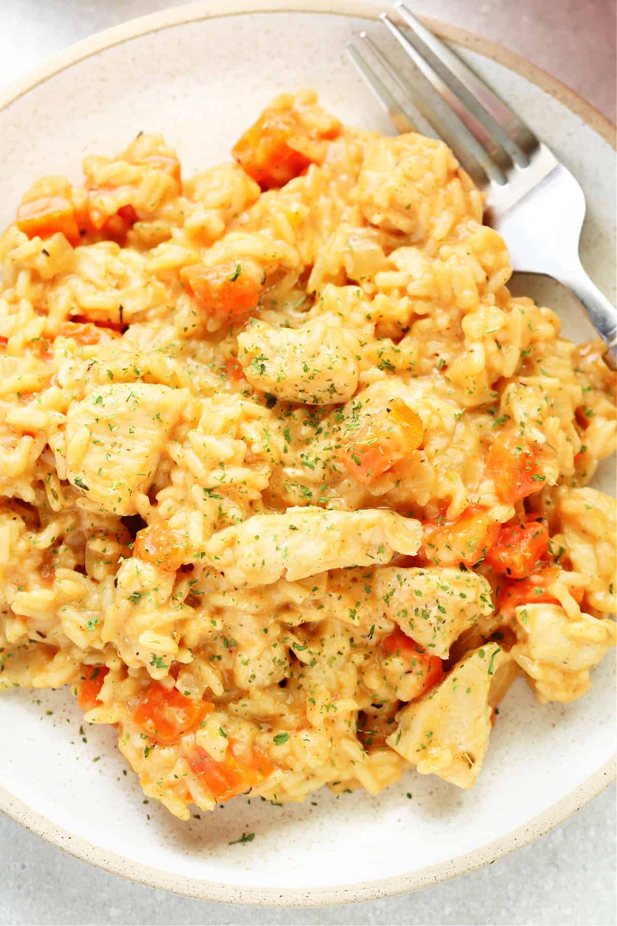 Chicken, rice and carrots on a dinner plate with fork.