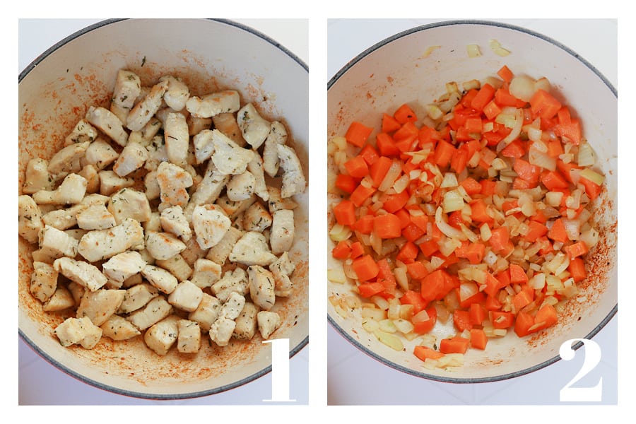 Cooked diced chicken in a pot and sauteed carrots, onion and garlic in a pot.