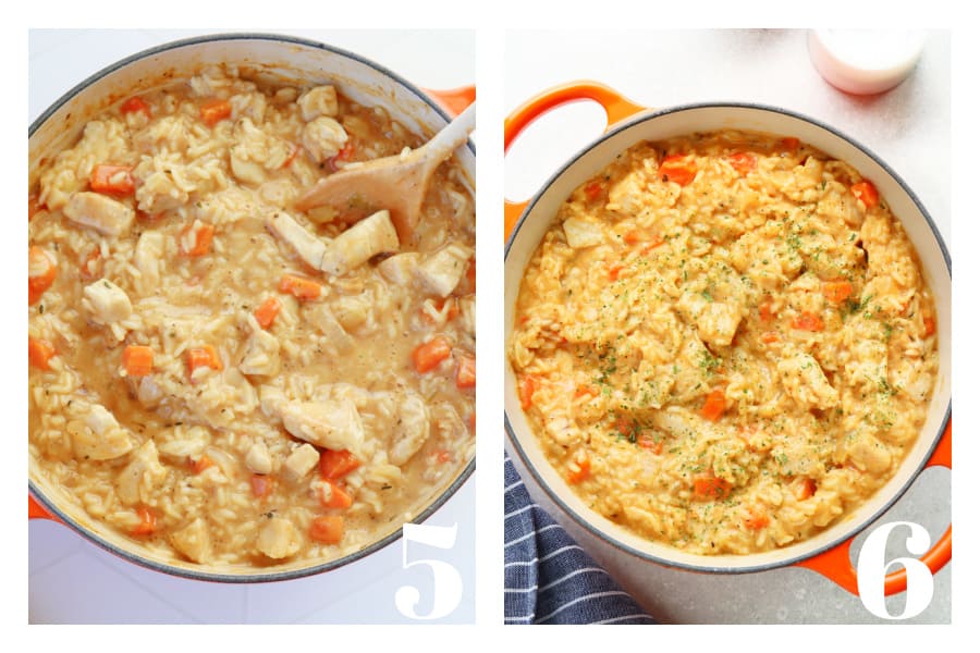 Milk added to the pan with rice and chicken and finished dish in a pan.