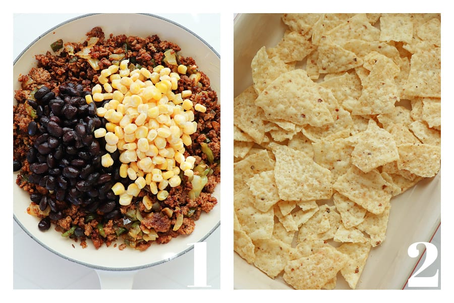 Taco filling in a skillet and broken tortilla chips in a baking dish.