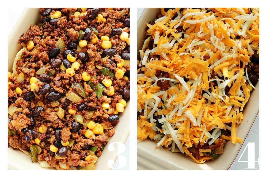 Beef taco filling in baking dish and topped with cheese.