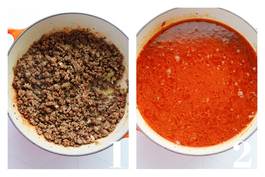 Cooked ground beef in a Dutch oven and meat with tomato sauce and broth.