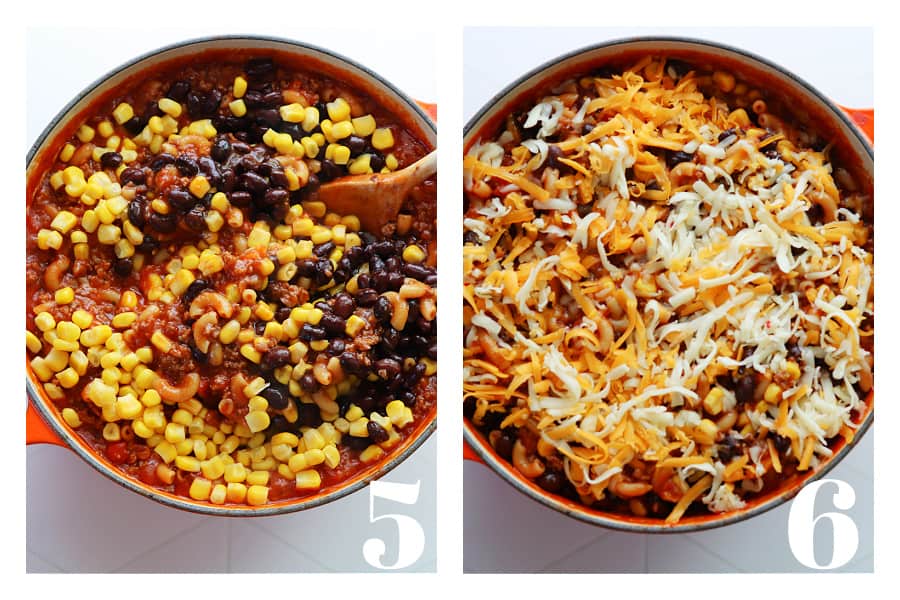 Corn and black beans added to the meat mixture and shredded cheese sprinkled on top.