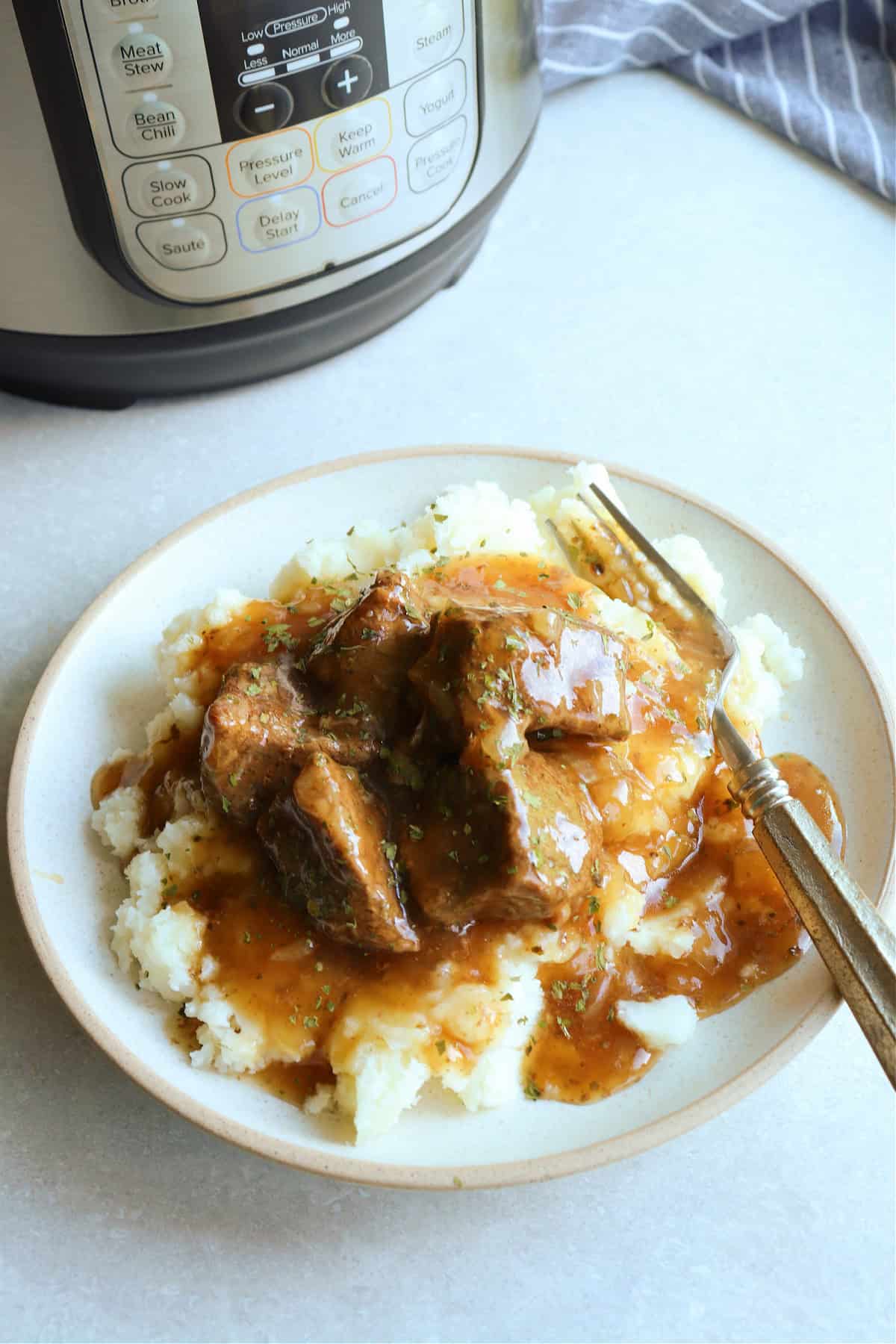 Beef tips with gravy on a plate, next to Instant Pot.