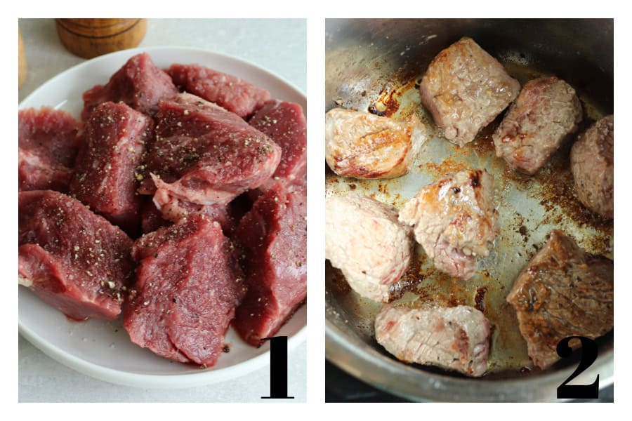 First two steps of making beef tips in the Instant Pot.