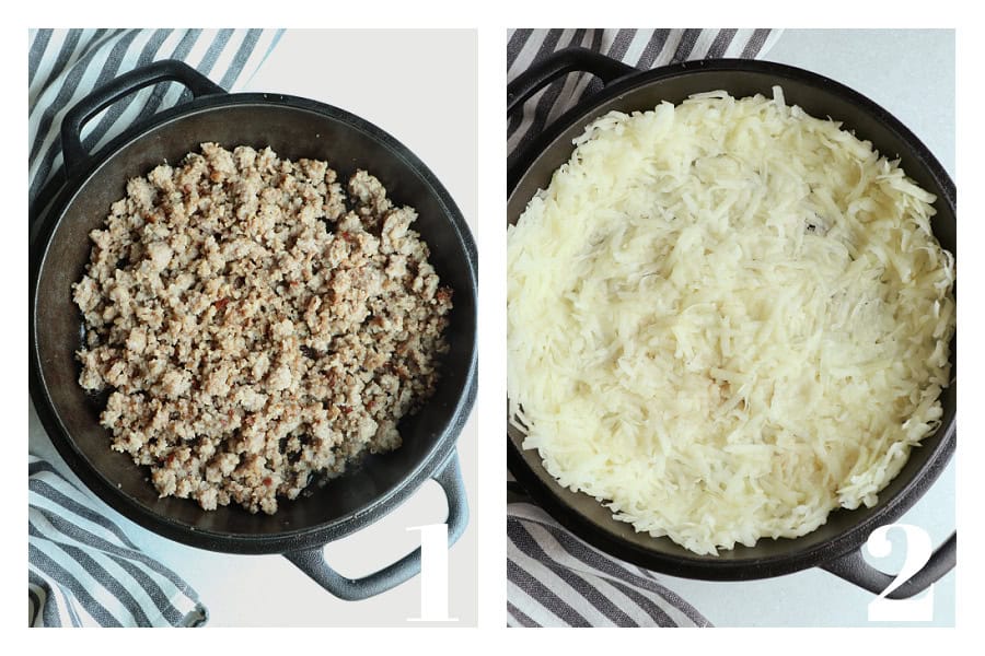 Photo collage of cooked sausage in cast iron pan and grated potato crust in the pan.