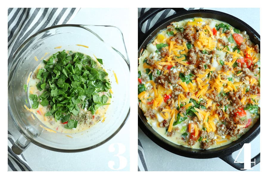 Photo collage with egg filling in a glass bowl and poured over the crust in a cast iron skillet.