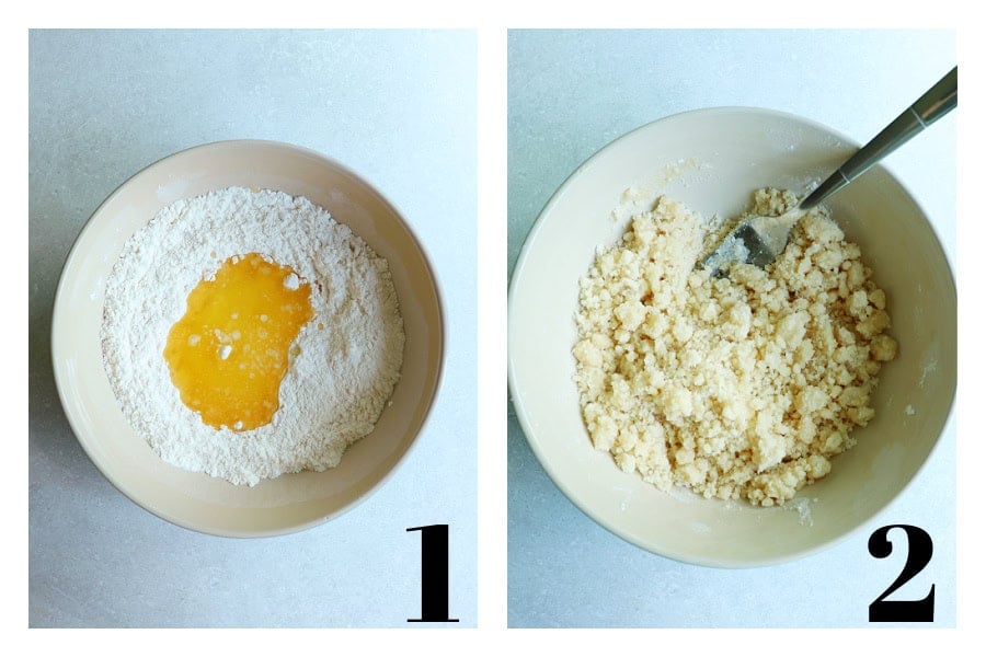 Dry ingredients and melted butter in a mixing bowl and mixed mixture ready to use.