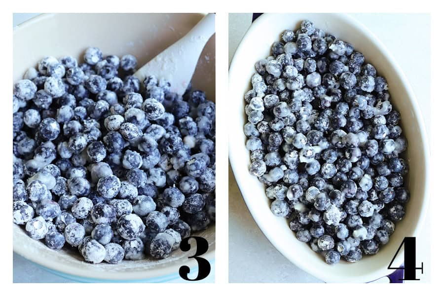 Two photos of bluberries tossed with cornstarch in a mixing bowl and the baking dish.