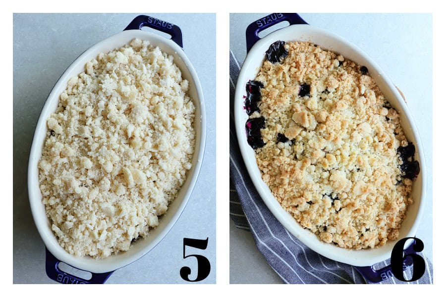 Two photos of before and after baking of a blueberry crumble in an oval baking dish.