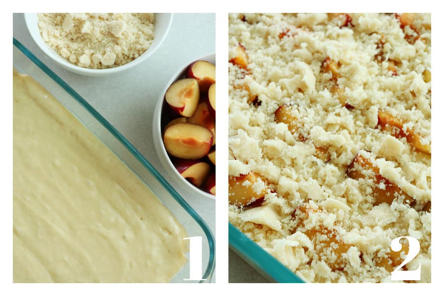Two photos, side by side, of cake batter in a baking pan and plums and crumb topping on the batter.